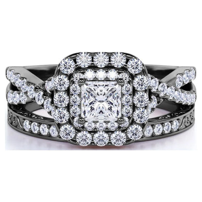 Stunning  Vintage-Inspired Double Halo Square Diamond Wedding Ring Set in 10K Black Gold with Twisted Band and Pave Accents