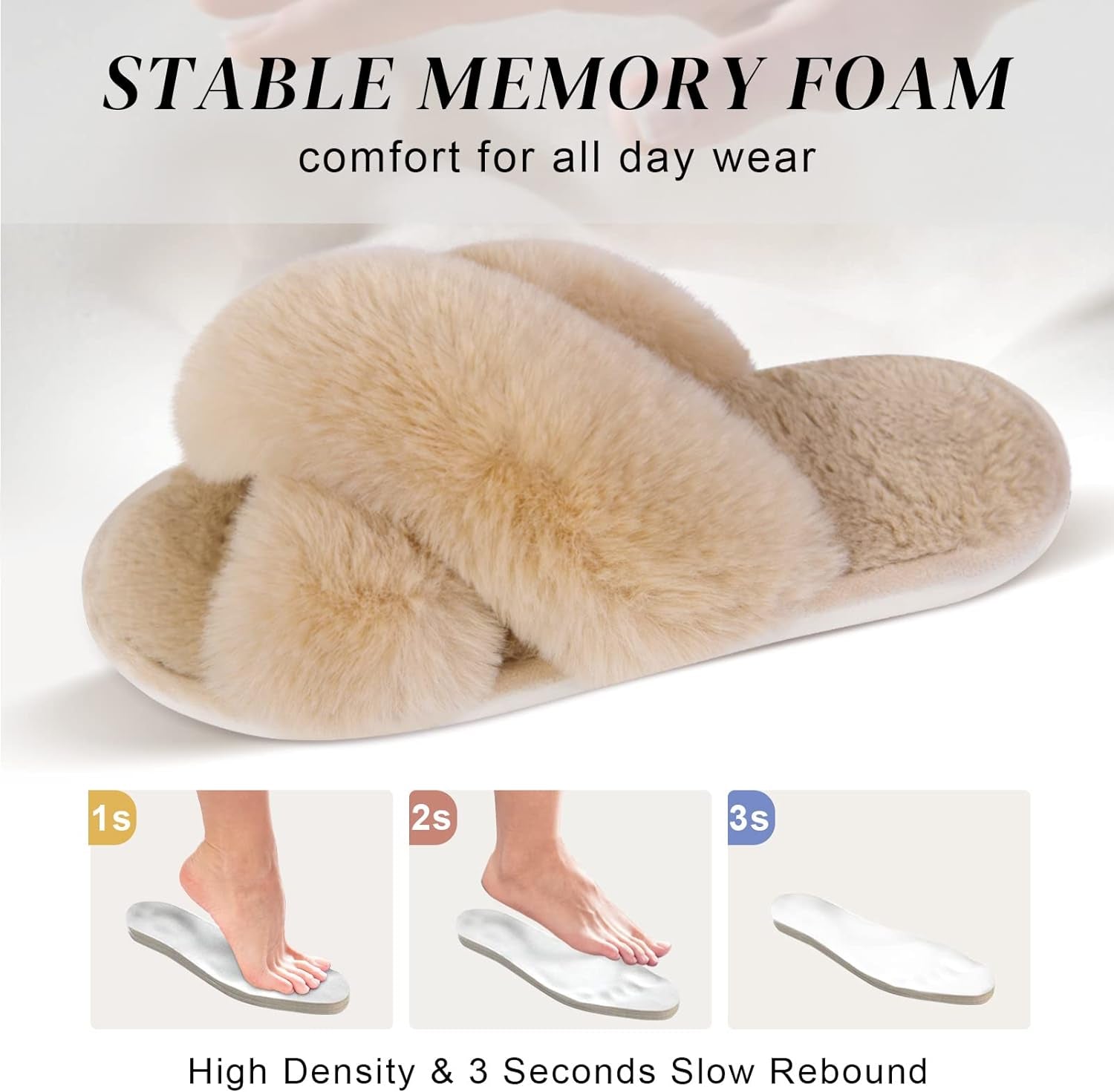 Women's Fuzzy Cross Band Slippers with Memory Foam - Comfortable Open Toe Indoor Footwear for Ladies