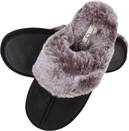 Women's Faux Fur Memory Foam House Slippers with Anti-Skid Sole