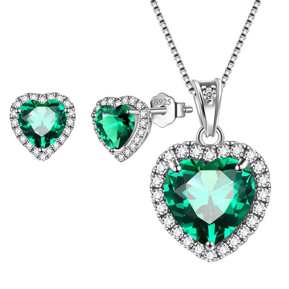 Elegant May Birthstone Jewelry Set for Women - Emerald Heart Necklace & Earrings in 925 Sterling Silver - Perfect Birthday & Mother's Day Gift