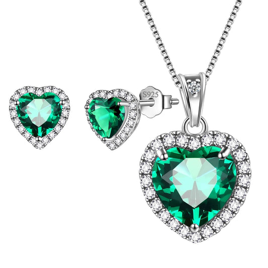 Elegant May Birthstone Jewelry Set for Women - Emerald Heart Necklace & Earrings in 925 Sterling Silver - Perfect Birthday & Mother's Day Gift