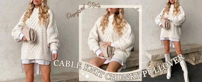 Cozy Chic:  Oversized Cable Knit Chunky Pullover Sweater for Women