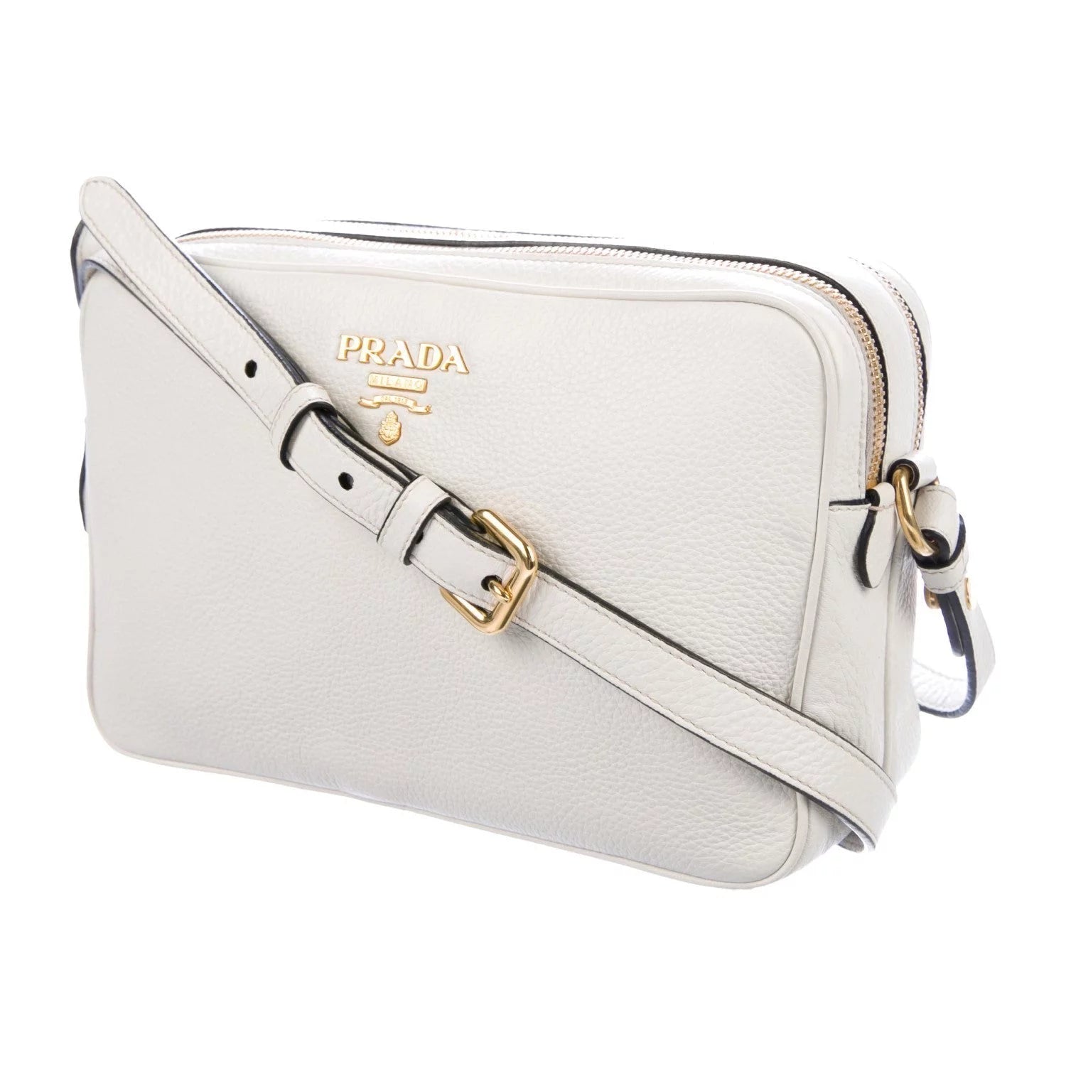 Vitello Phenix White Leather Double Zip Camera Crossbody Bag - Stylish & Chic 1BH079