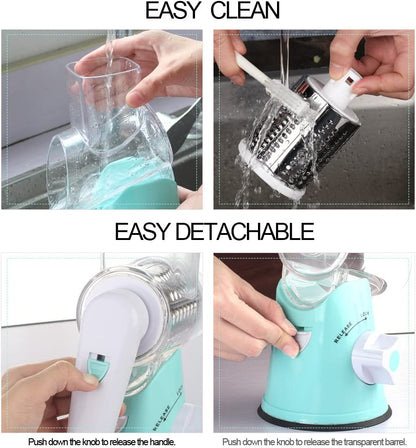 Manual Rotary Cheese Grater and Vegetable Slicer with Handle and Interchangeable Drum Blades, Blue