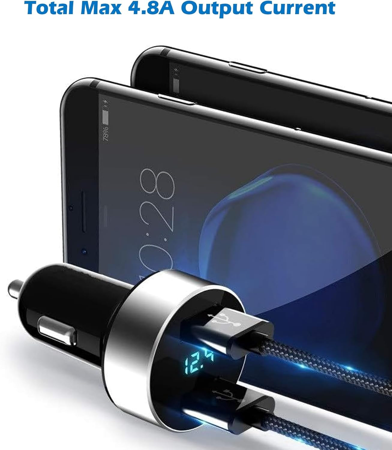 Dual USB Car Charger with 12V/24V Voltage Meter, 4.8A Output, Cigarette Lighter Plug Adapter for iPhone, iPad, Samsung, and Other USB Charging Devices, Silver