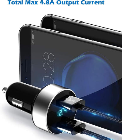 Dual USB Car Charger with 12V/24V Voltage Meter, 4.8A Output, Cigarette Lighter Plug Adapter for iPhone, iPad, Samsung, and Other USB Charging Devices, Silver