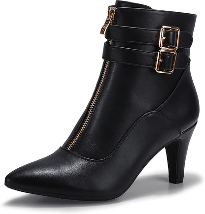 Women's Classic Short Ankle Booties with Pointed Toe, Metal Buckle, Two Straps, and Side Zipper in Kitten Heel Design