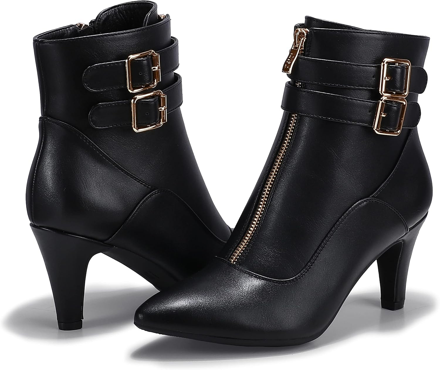 Women's Classic Short Ankle Booties with Pointed Toe, Metal Buckle, Two Straps, and Side Zipper in Kitten Heel Design