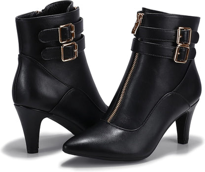 Women's Classic Short Ankle Booties with Pointed Toe, Metal Buckle, Two Straps, and Side Zipper in Kitten Heel Design