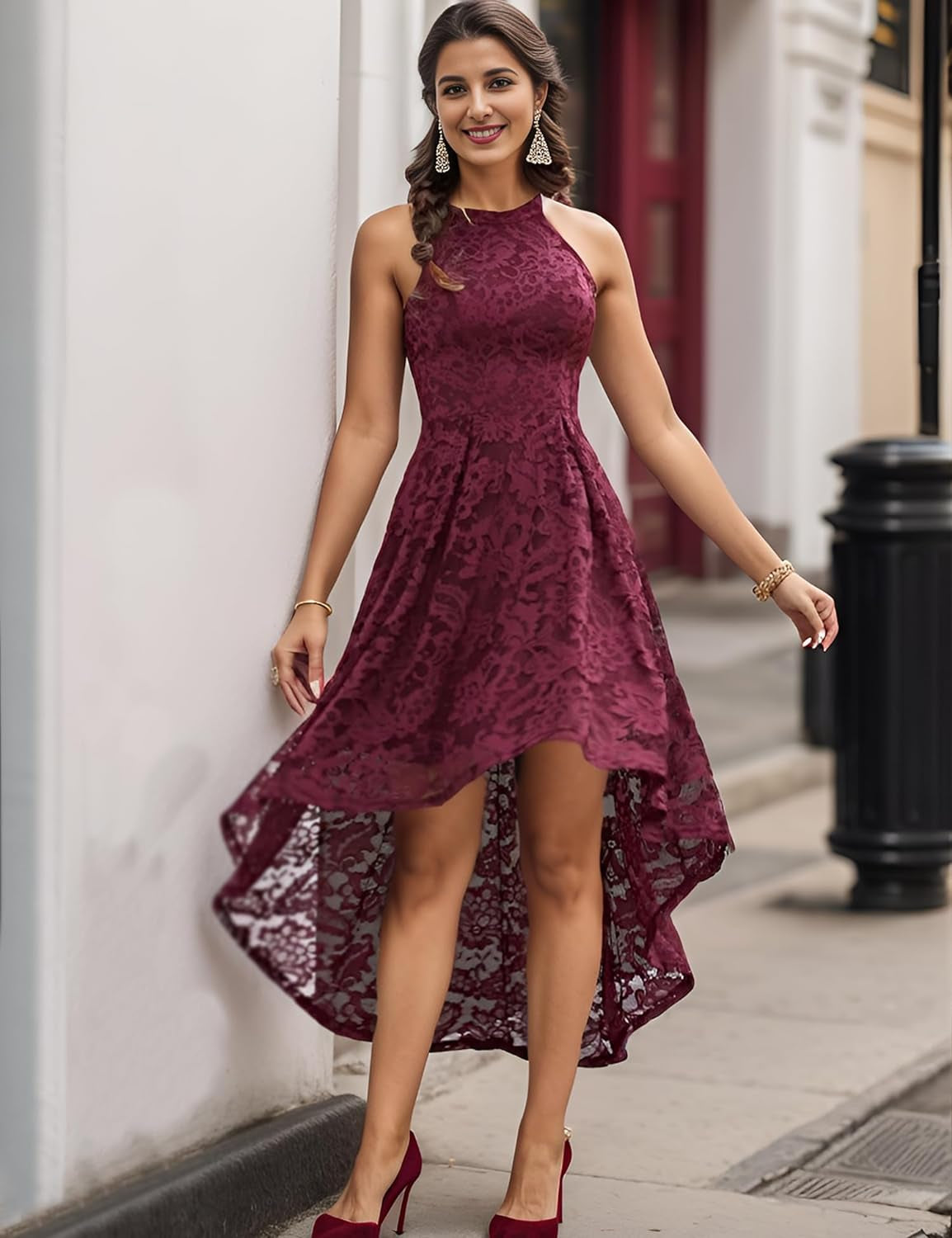 Women's Halter Lace Hi-Lo Cocktail Dress for Weddings and Formal Events