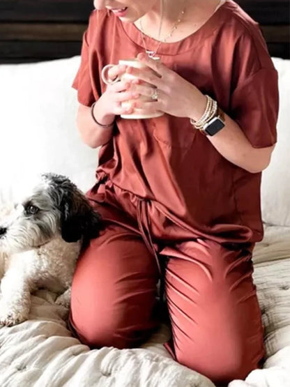 Luxurious  Women's Silk Satin Pajama Set - Short Sleeve Shirt & Long Pants - Soft Sleepwear Loungewear in Caramel, Sizes S-XXL