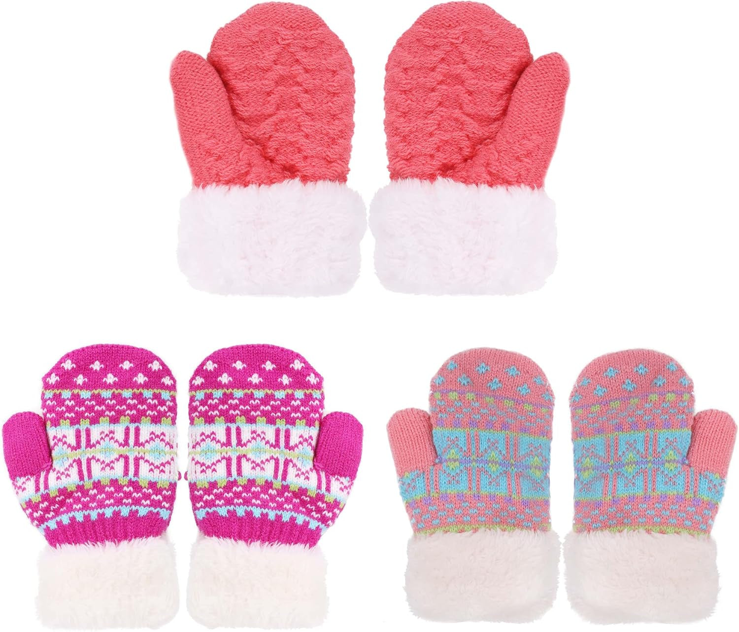 Kids' Sherpa-Lined Knit Mittens - Set of 3 Pairs for Boys and Girls Winter Gloves