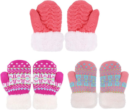 Kids' Sherpa-Lined Knit Mittens - Set of 3 Pairs for Boys and Girls Winter Gloves