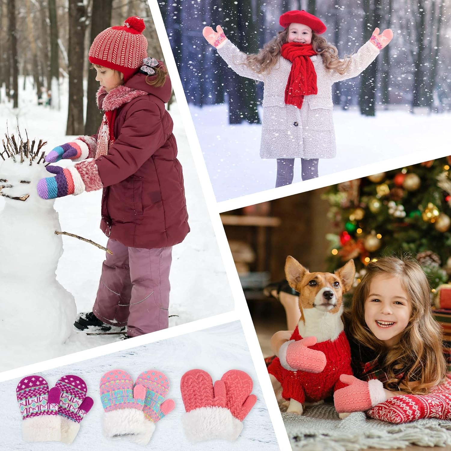 Kids' Sherpa-Lined Knit Mittens - Set of 3 Pairs for Boys and Girls Winter Gloves
