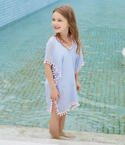 Girls Swim Cover up Beach Swimwear Coverup Swimsuit Wraps with Pom Pom Trim