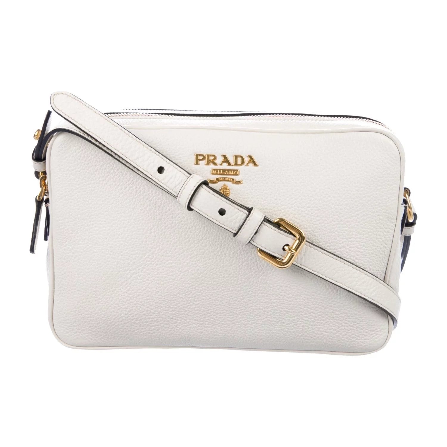 Vitello Phenix White Leather Double Zip Camera Crossbody Bag - Stylish & Chic 1BH079