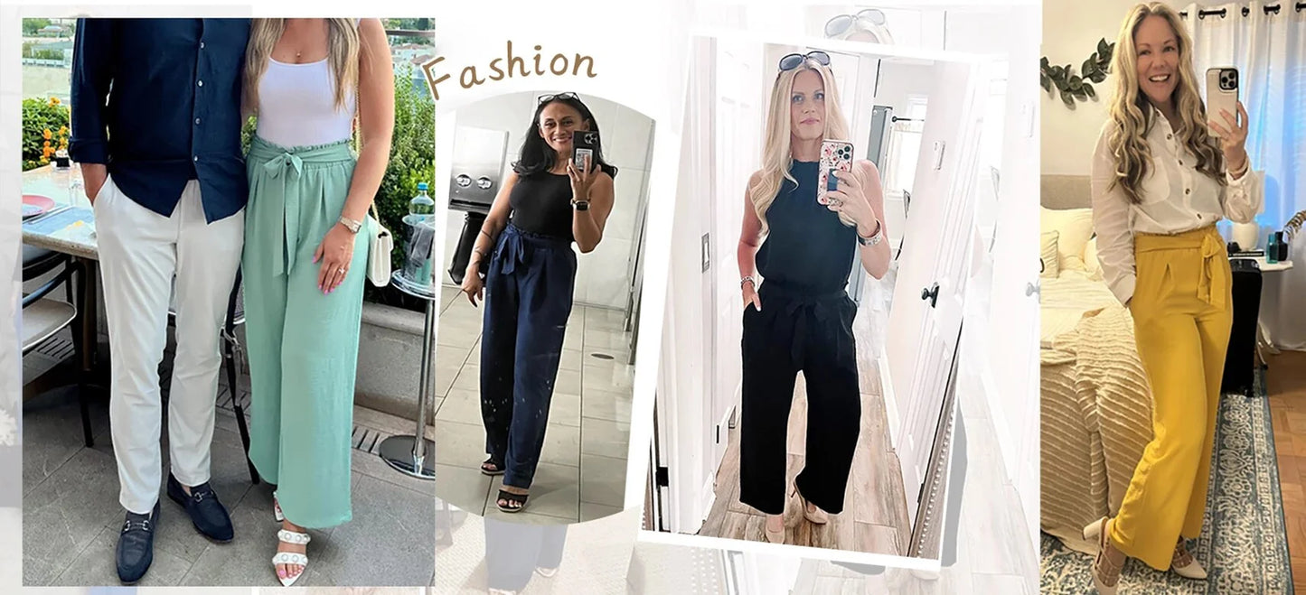 High-Waisted Wide Leg Lounge Pants with Pockets - Adjustable Tie Knot Casual Trousers for Work and Play