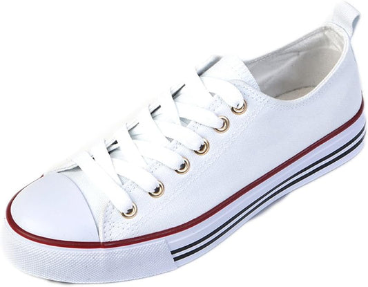 Women'S Casual Canvas Shoes Solid Colors Low Top Lace up Flat Fashion Sneakers (7, White)