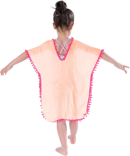 Girls Swim Cover up Beach Swimwear Coverup Swimsuit Wraps with Pom Pom Trim