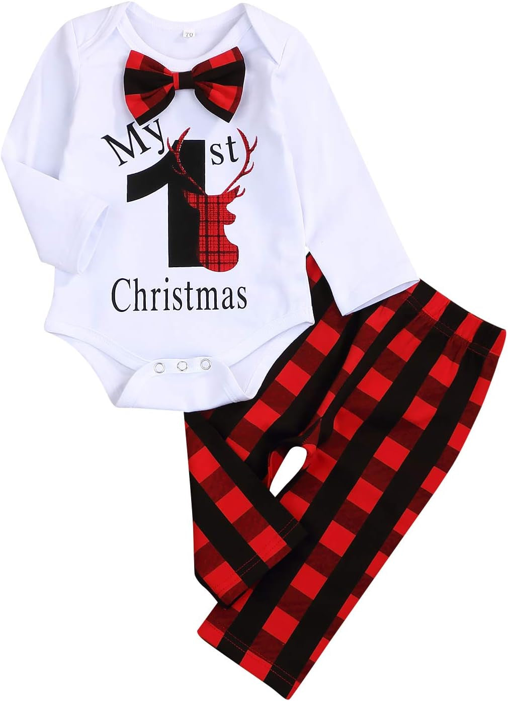 My First Christmas Outfit Baby Boy Bow Tie Romper Bodysuit Xmas Plaid Pants Clothes Set (Plaid, 3-6 Months)