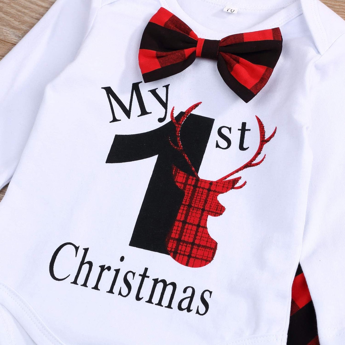 My First Christmas Outfit Baby Boy Bow Tie Romper Bodysuit Xmas Plaid Pants Clothes Set (Plaid, 3-6 Months)