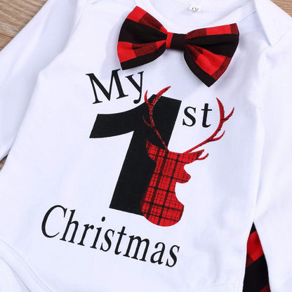 My First Christmas Outfit Baby Boy Bow Tie Romper Bodysuit Xmas Plaid Pants Clothes Set (Plaid, 3-6 Months)