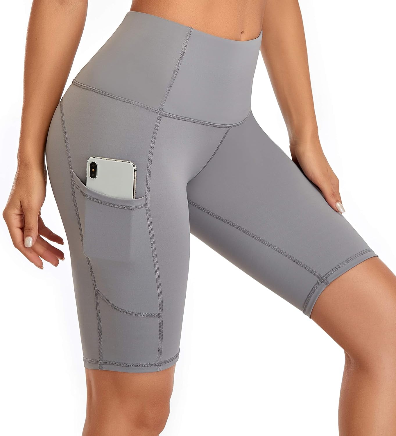 Women'S Short Yoga Side Pockets High Waist Workout Running Shorts Light Grey XS