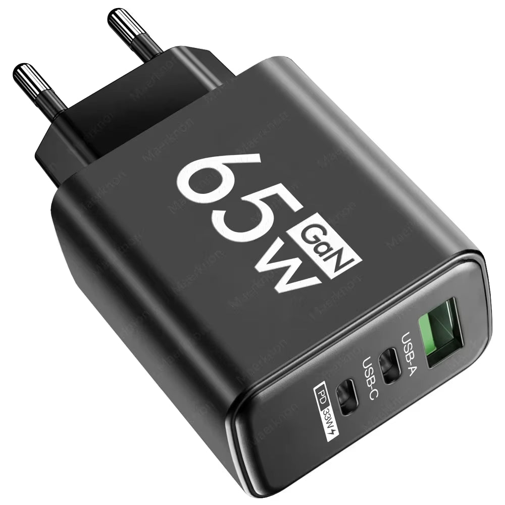 65W GaN Fast Charger - Multi-Port USB PD Type-C Adapter for iPhone 15 Pro Max, Samsung, Xiaomi, and Huawei