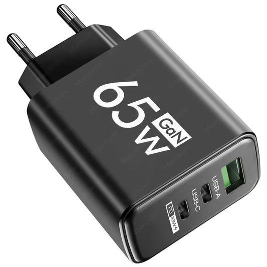 65W GaN Fast Charger - Multi-Port USB PD Type-C Adapter for iPhone 15 Pro Max, Samsung, Xiaomi, and Huawei