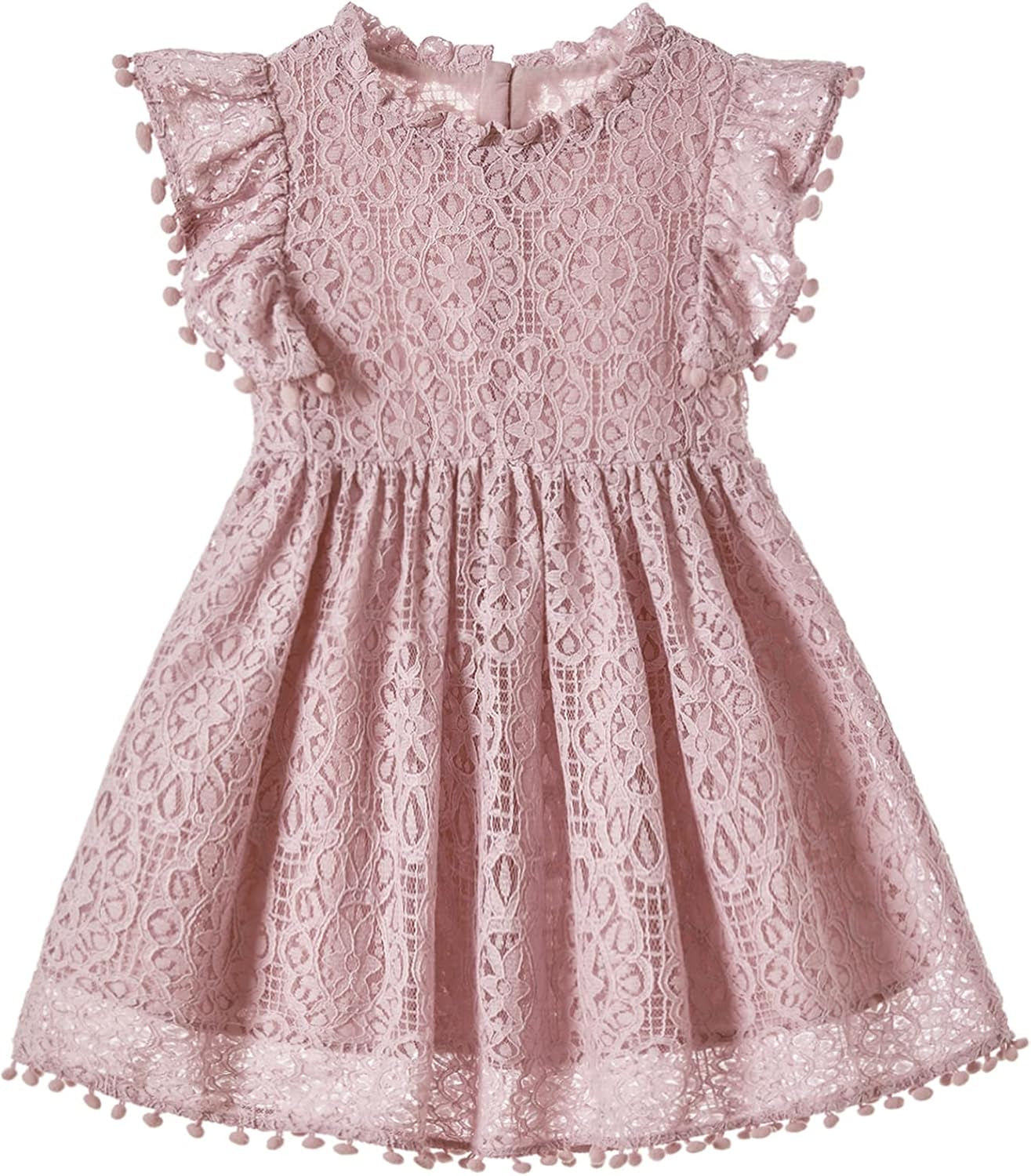 Toddler Girls Elegant Lace Flutter Sleeve Party Dress with Pom Poms