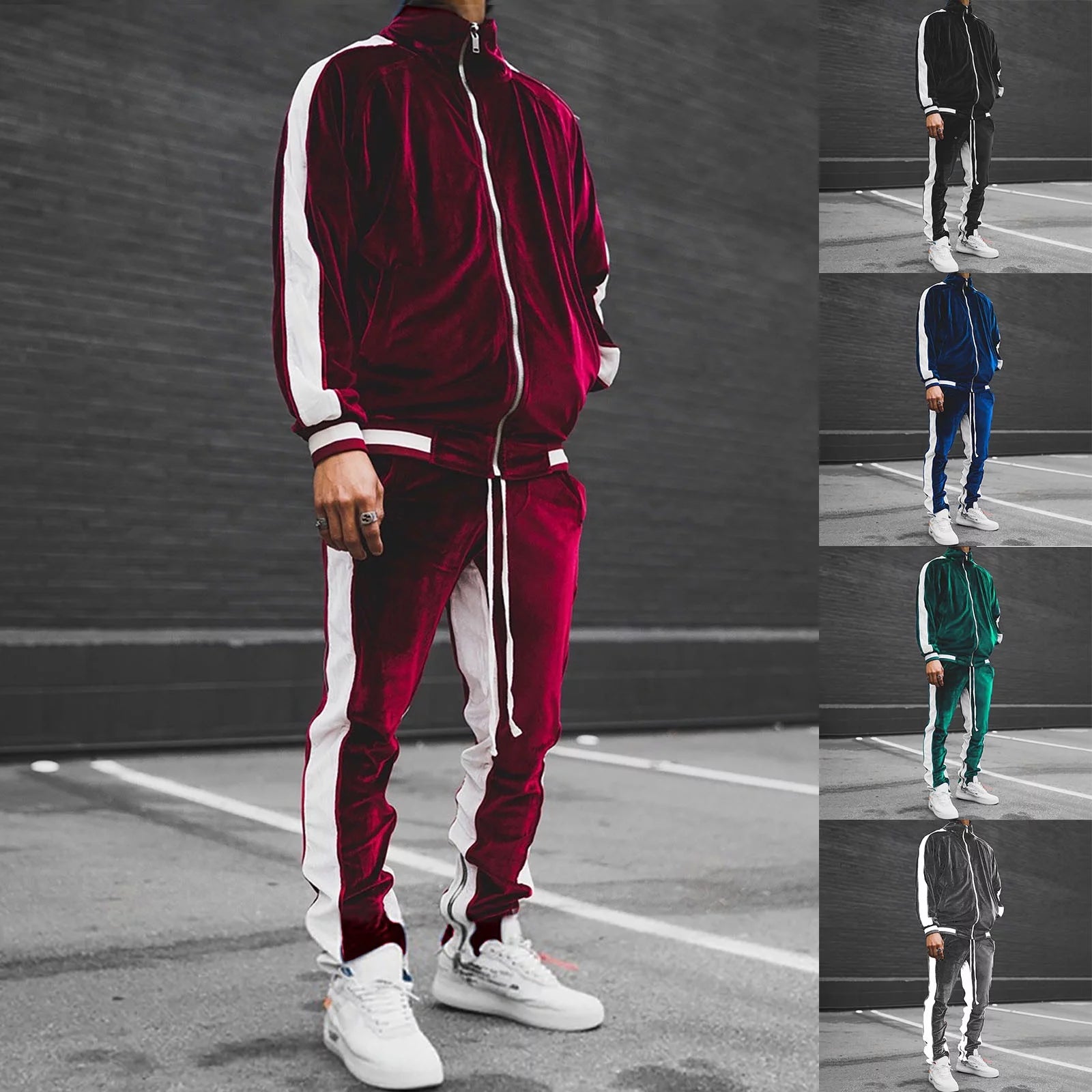 Men's 2023 Velour Tracksuit - Warm Full Zip Jacket & Jogger Sweatpants Set for Fitness & Sports