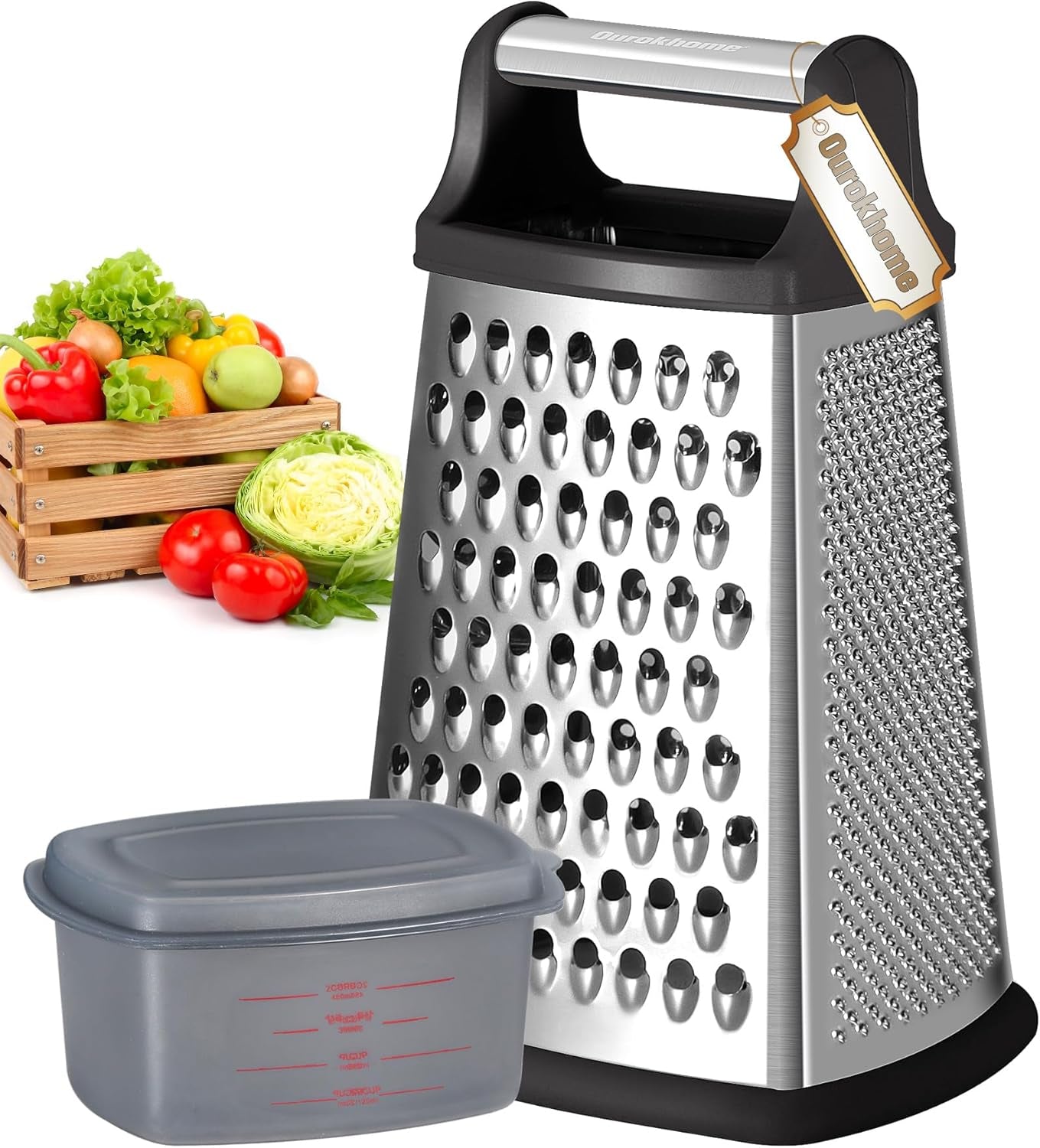 Professional Stainless Steel Box Grater with Handle - 4-Sided Vegetable Shredder and Slicer with Container for Parmesan, Cabbage, Ginger, Lemon, Chocolate, and Coconut (Black)