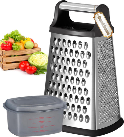Professional Stainless Steel Box Grater with Handle - 4-Sided Vegetable Shredder and Slicer with Container for Parmesan, Cabbage, Ginger, Lemon, Chocolate, and Coconut (Black)