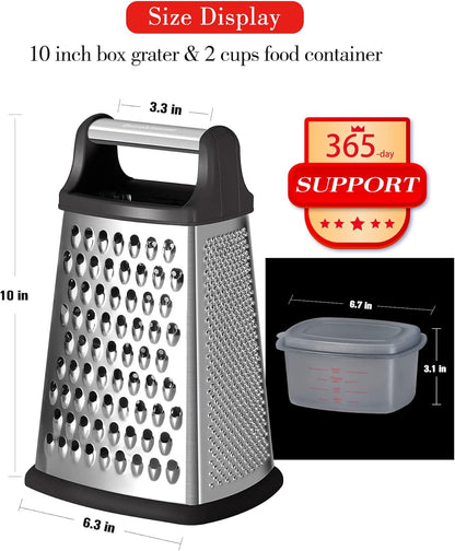 Professional Stainless Steel Box Grater with Handle - 4-Sided Vegetable Shredder and Slicer with Container for Parmesan, Cabbage, Ginger, Lemon, Chocolate, and Coconut (Black)
