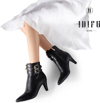 Women's Classic Short Ankle Booties with Pointed Toe, Metal Buckle, Two Straps, and Side Zipper in Kitten Heel Design