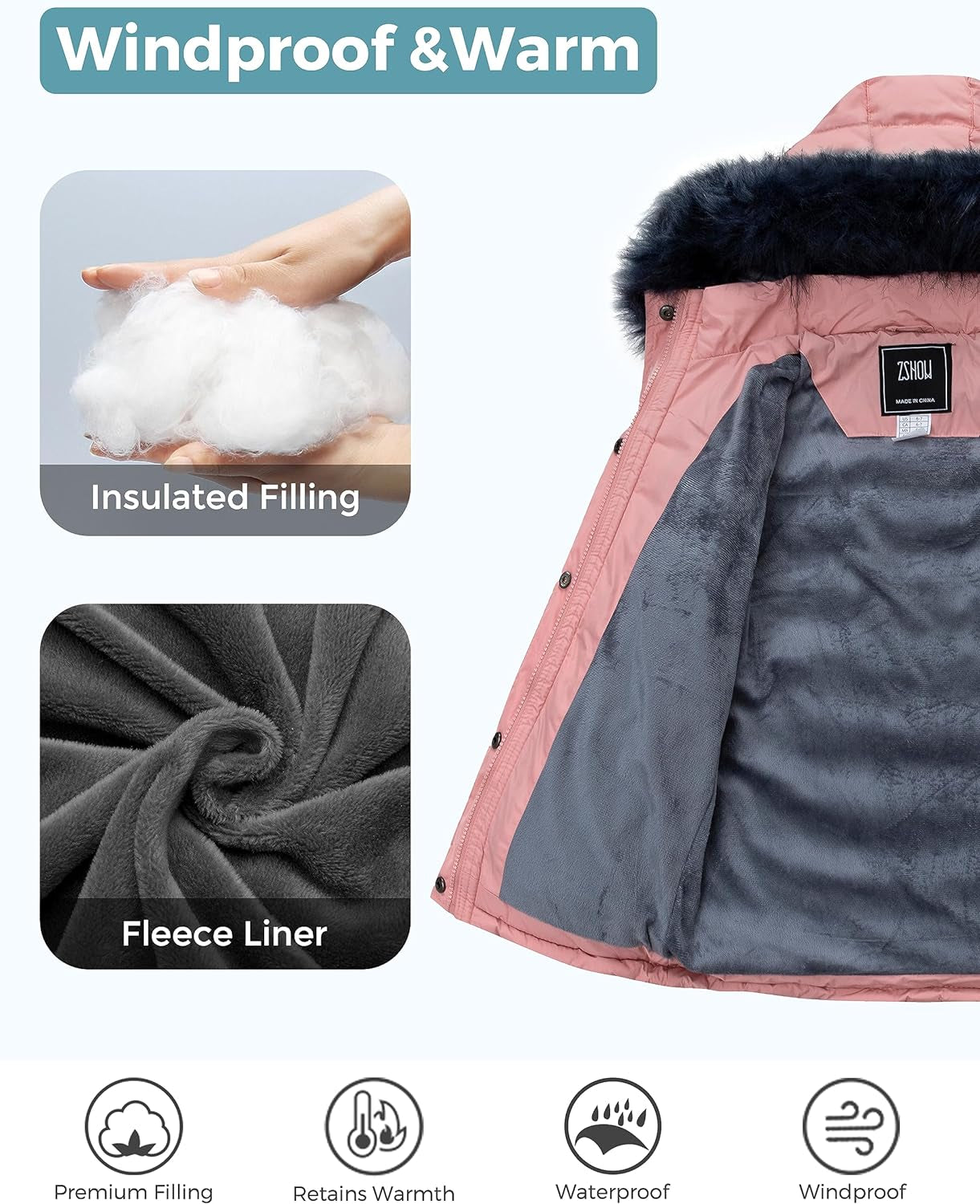 Girls' Hooded Winter Puffer Jacket with Soft Fleece Lining