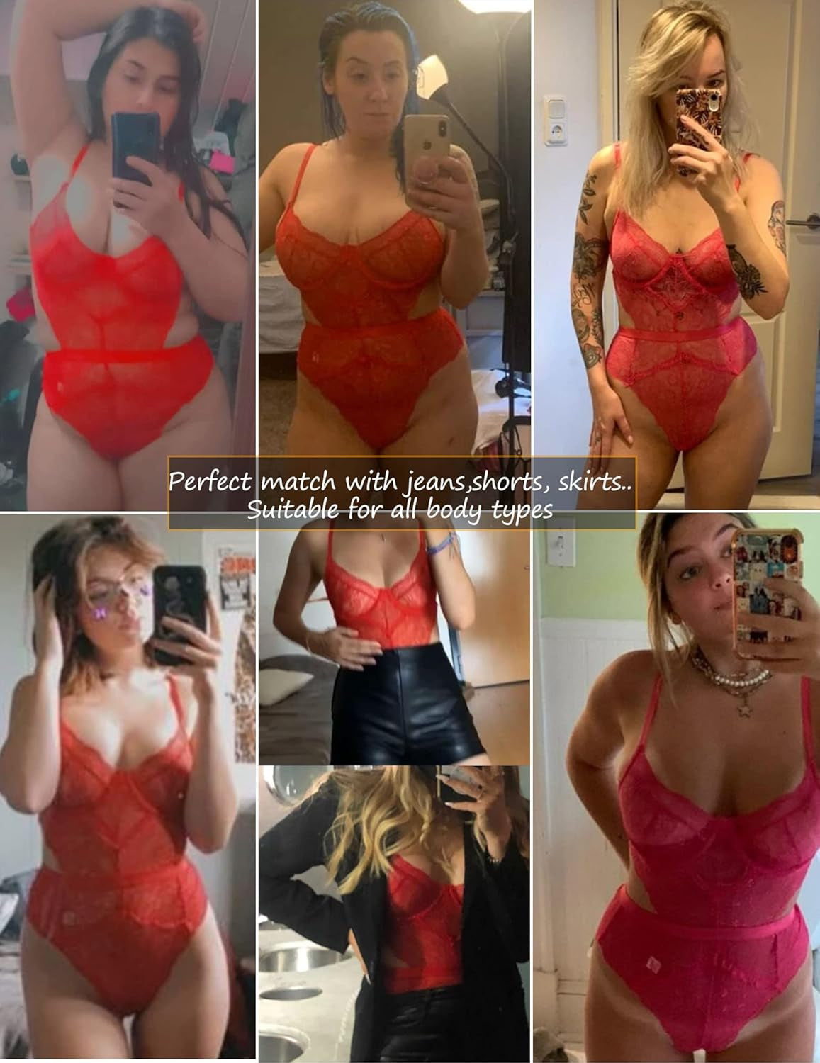 Women Sexy Bodysuit Teddy Lingerie Floral Lace One Piece Cutout Cheeky Babydoll Red L