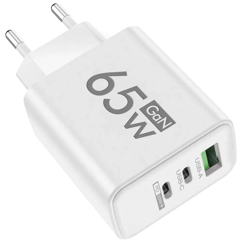 65W GaN Fast Charger - Multi-Port USB PD Type-C Adapter for iPhone 15 Pro Max, Samsung, Xiaomi, and Huawei
