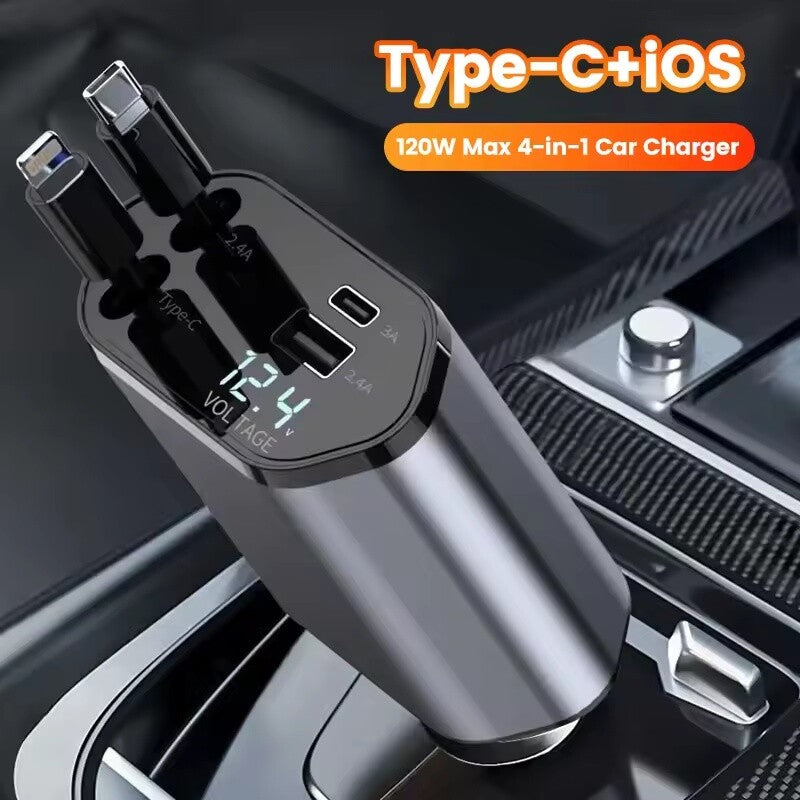 Retractable Car Charger 4 in 1 Fast Car Phone Charger 120W with USB Type C Cable