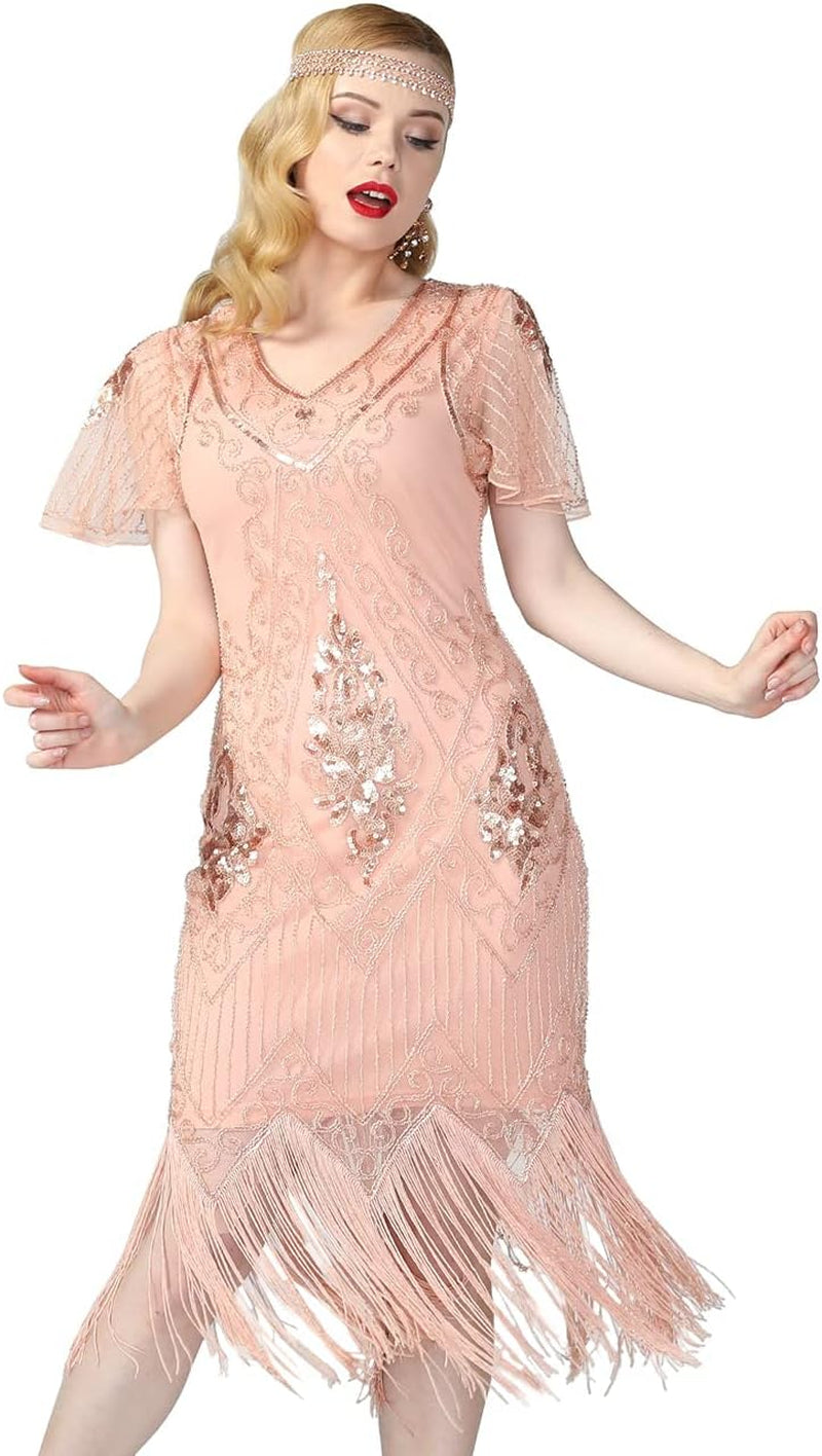 Women's 1920s Art Deco Sequined Flapper Cocktail Dress with Sleeves