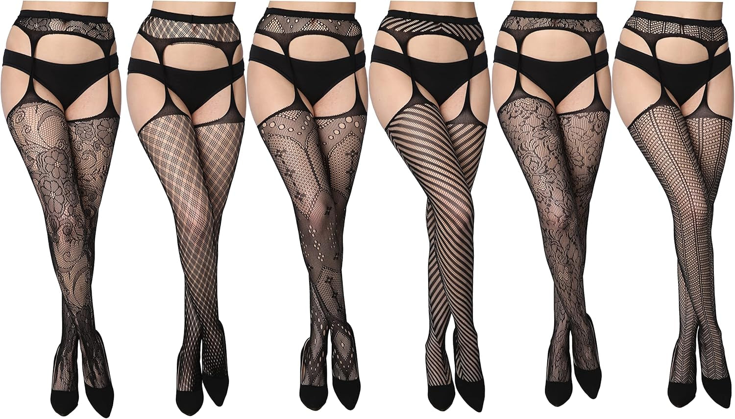 Women's Lace Fishnet Stockings - Sexy Pantyhose in Regular and Plus Sizes (Pack of 6)