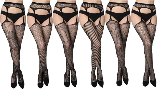 Women's Lace Fishnet Stockings - Sexy Pantyhose in Regular and Plus Sizes (Pack of 6)