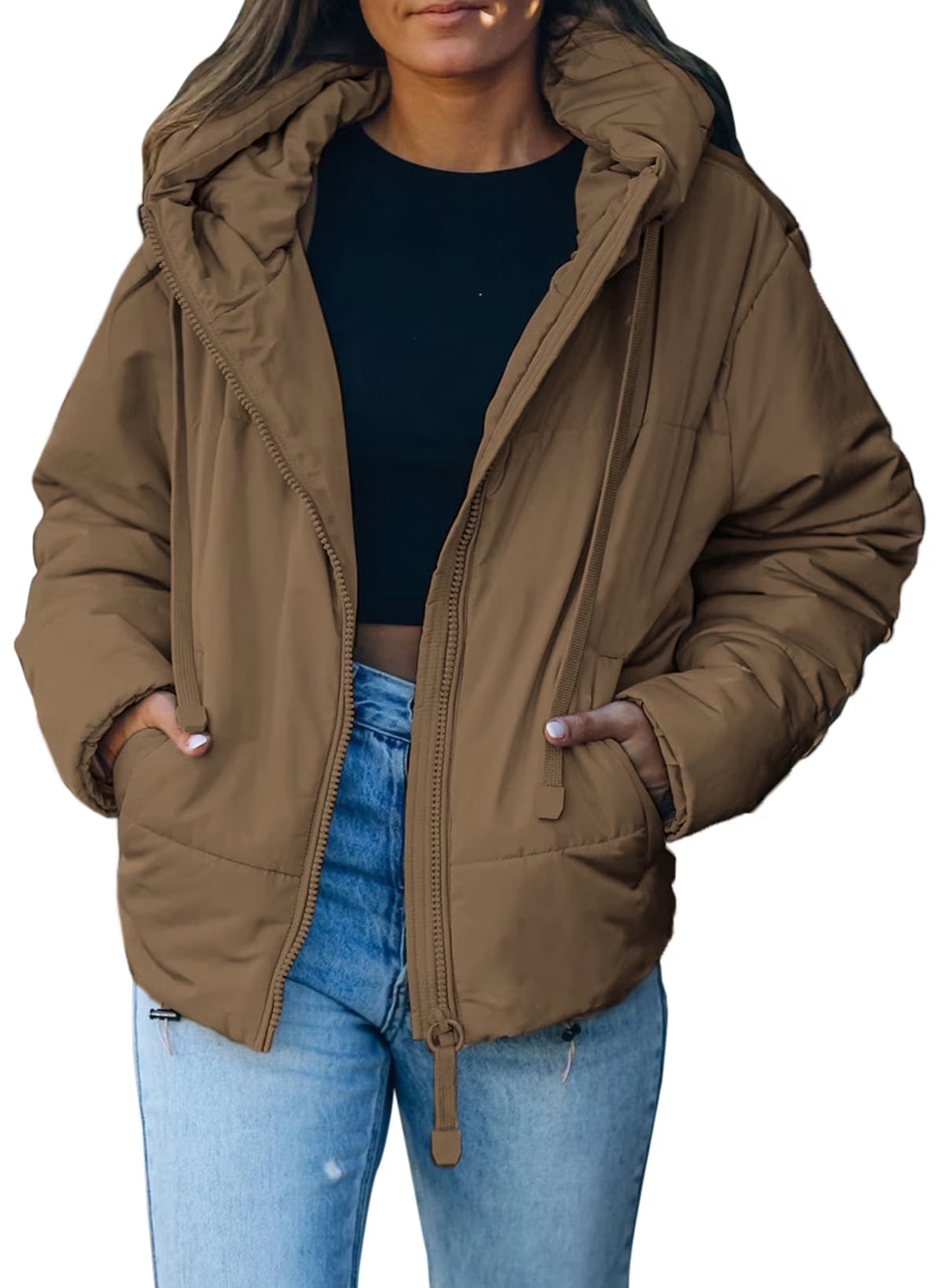 Women's Petite Hooded Puffer Jacket with Full Zipper and Pockets - Stylish & Cozy Short Coat