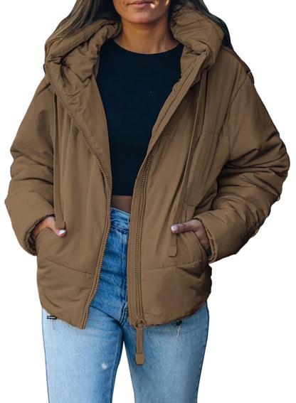 Women's Petite Hooded Puffer Jacket with Full Zipper and Pockets - Stylish & Cozy Short Coat