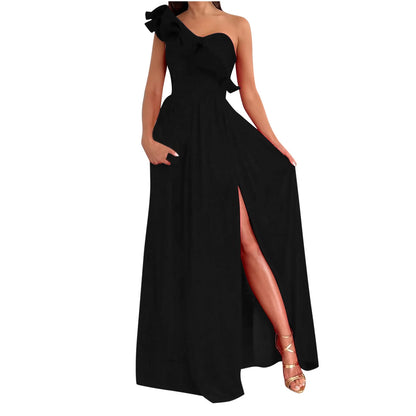 plus Size Women'S Summer Dresses , Sleeveless Sloping Shoulder Sexy Long Party Club Dresses, Sizes S-2XL