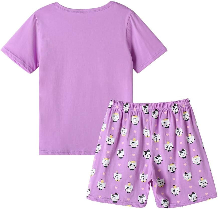 Girls' Cotton Sleepwear Set - Cute Cat Pattern Pajama with Comfy Shorts
