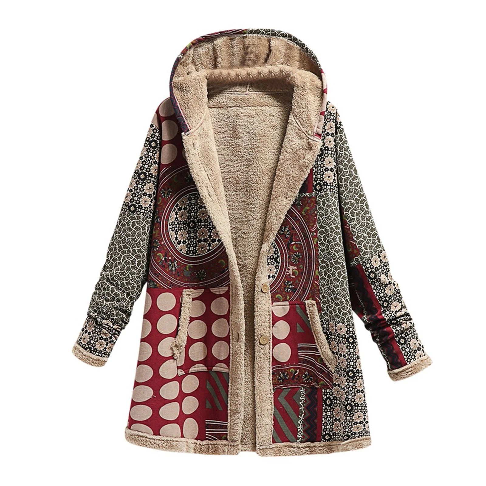 Cozy Vintage Ethnic Printed Fleece Jacket for Women - Warm Hooded Outwear with Pockets & Buttons in Wine - Plus Size XXXL