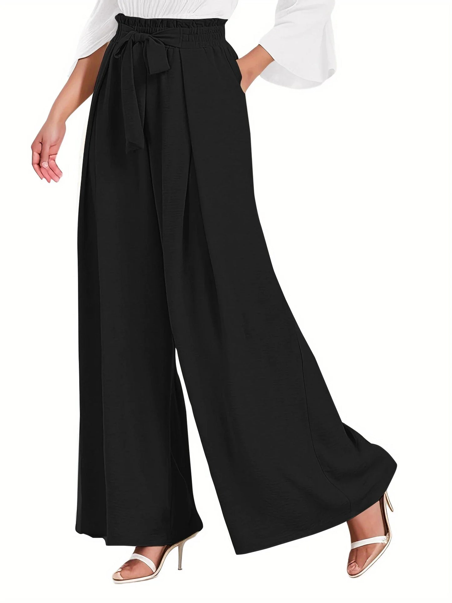 High-Waisted Wide Leg Lounge Pants with Pockets - Adjustable Tie Knot Casual Trousers for Work and Play