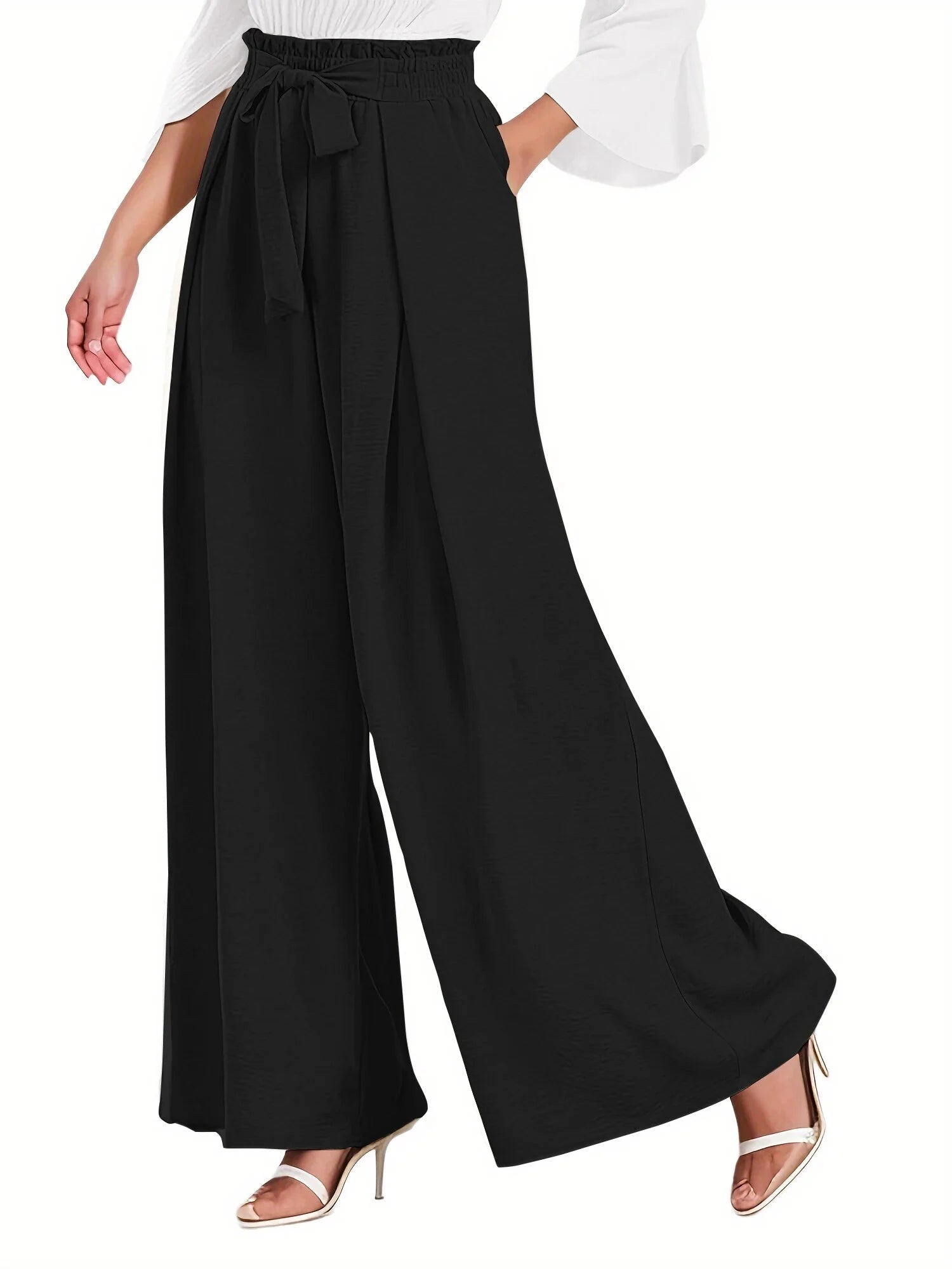 High-Waisted Wide Leg Lounge Pants with Pockets - Adjustable Tie Knot Casual Trousers for Work and Play