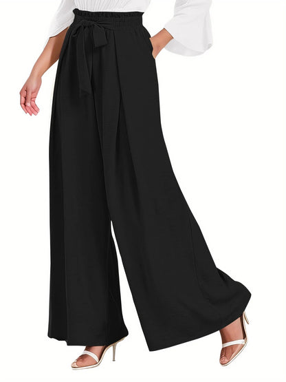 High-Waisted Wide Leg Lounge Pants with Pockets - Adjustable Tie Knot Casual Trousers for Work and Play
